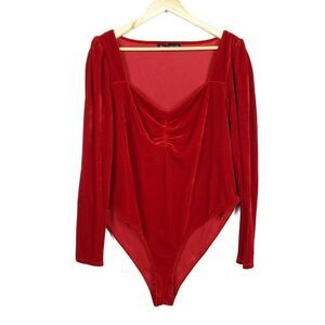 Eloquii Bodysuit 26 28 Plus Size Red Velvet Long Sleeves Ruched Square Neck